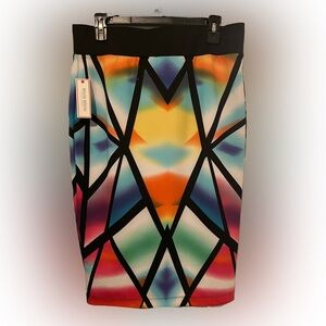 NEW BISOU BISOU Women Stretch Poly Straight Pencil Skirt Colorful Geometric L